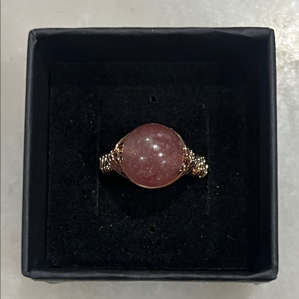 Gold Ring with Pink Strawberry Quartz Stone